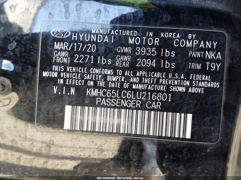 2020 Hyundai Ioniq Hybrid Blue VIN: KMHC65LC6LU216801 Lot: 44859449