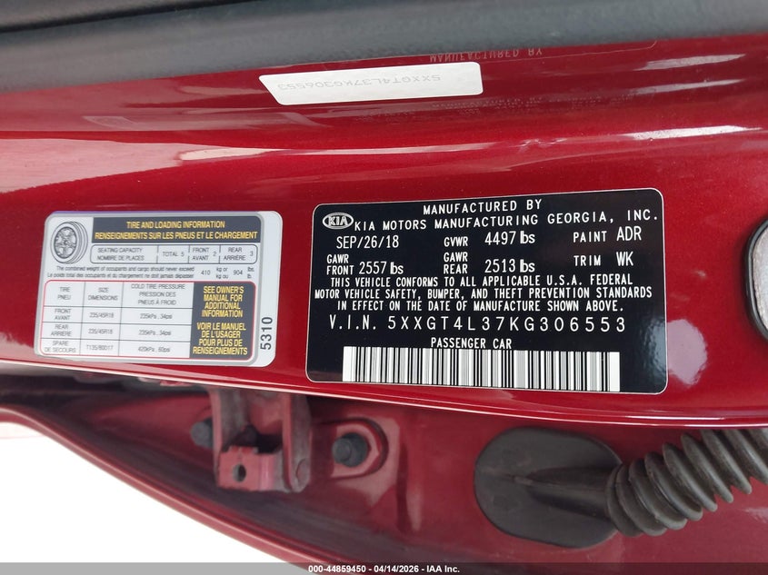 2019 Kia Optima S VIN: 5XXGT4L37KG306553 Lot: 44859450