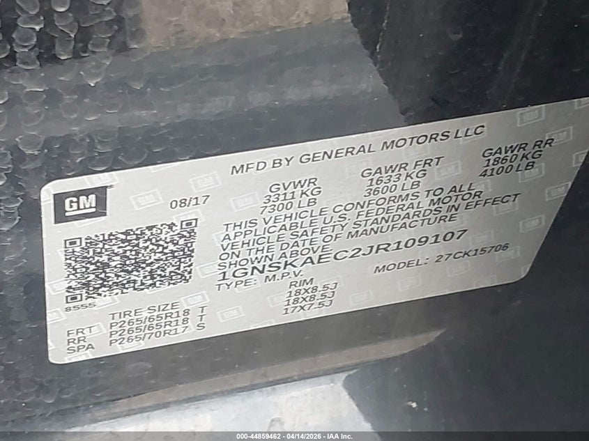 2018 Chevrolet Tahoe Ls VIN: 1GNSKAEC2JR109107 Lot: 44859462