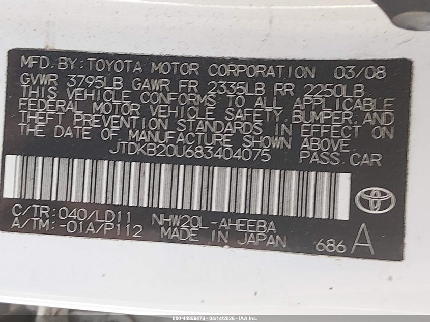 2008 Toyota Prius VIN: JTDKB20U683404075 Lot: 44859478