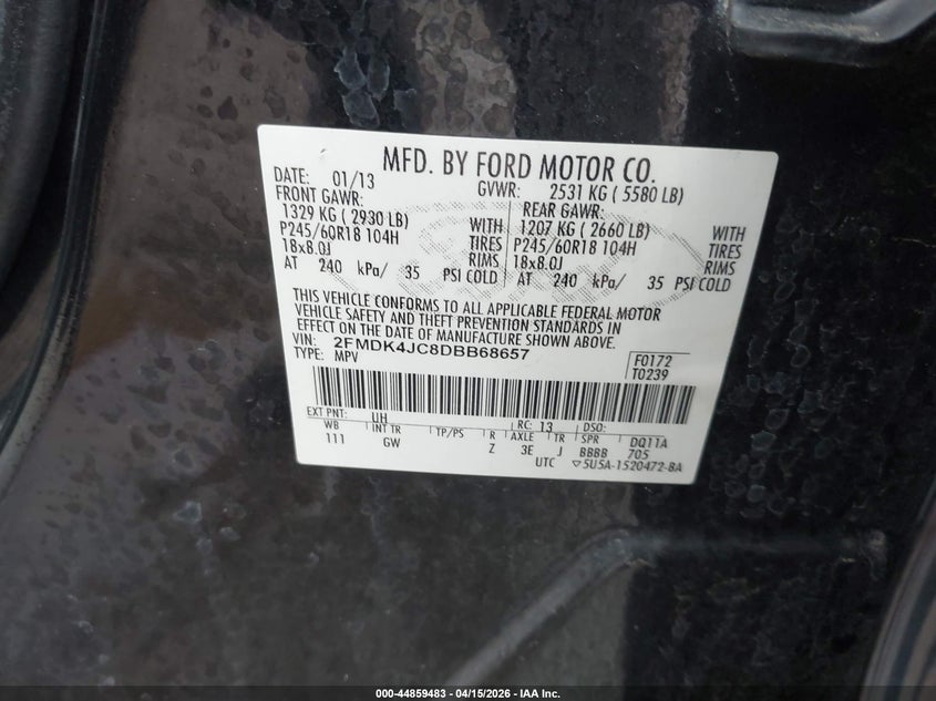 2013 Ford Edge Sel VIN: 2FMDK4JC8DBB68657 Lot: 44859483