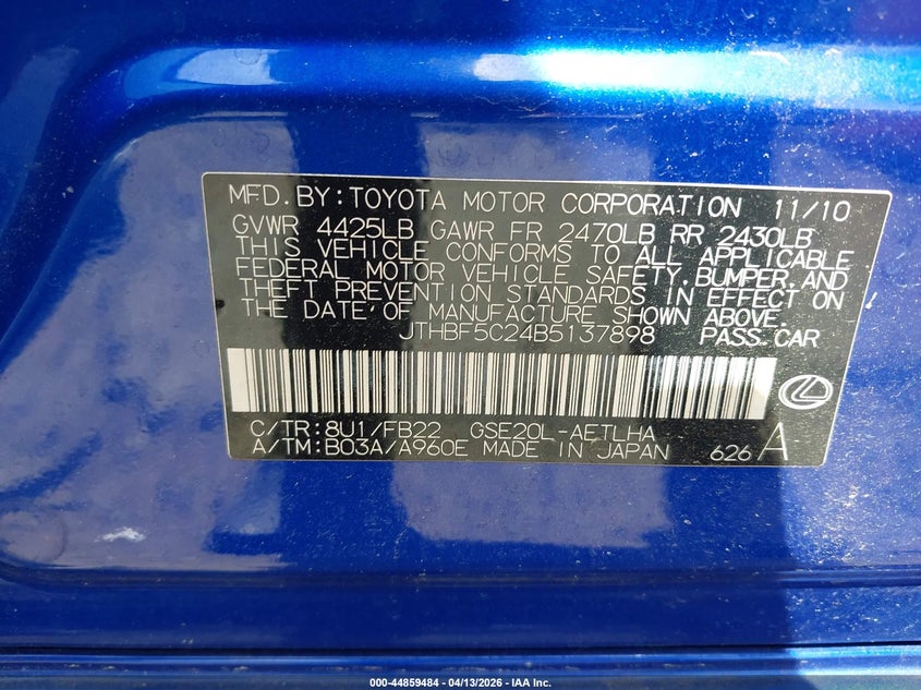 2011 Lexus Is 250 VIN: JTHBF5C24B5137898 Lot: 44859484