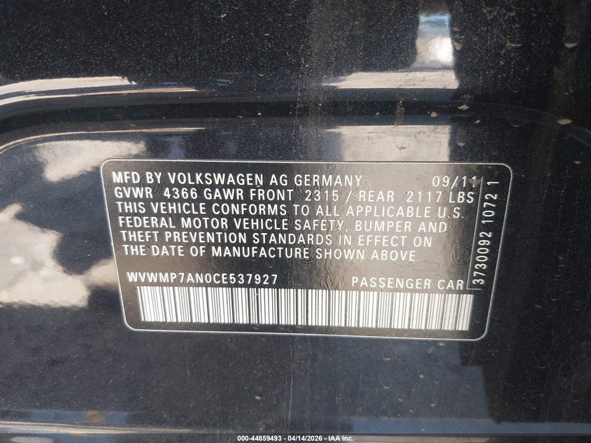 2012 Volkswagen Cc Sport VIN: WVWMP7AN0CE537927 Lot: 44859493