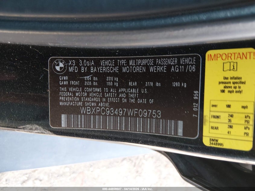 2007 BMW X3 3.0Si VIN: WBXPC93497WF09753 Lot: 44859507