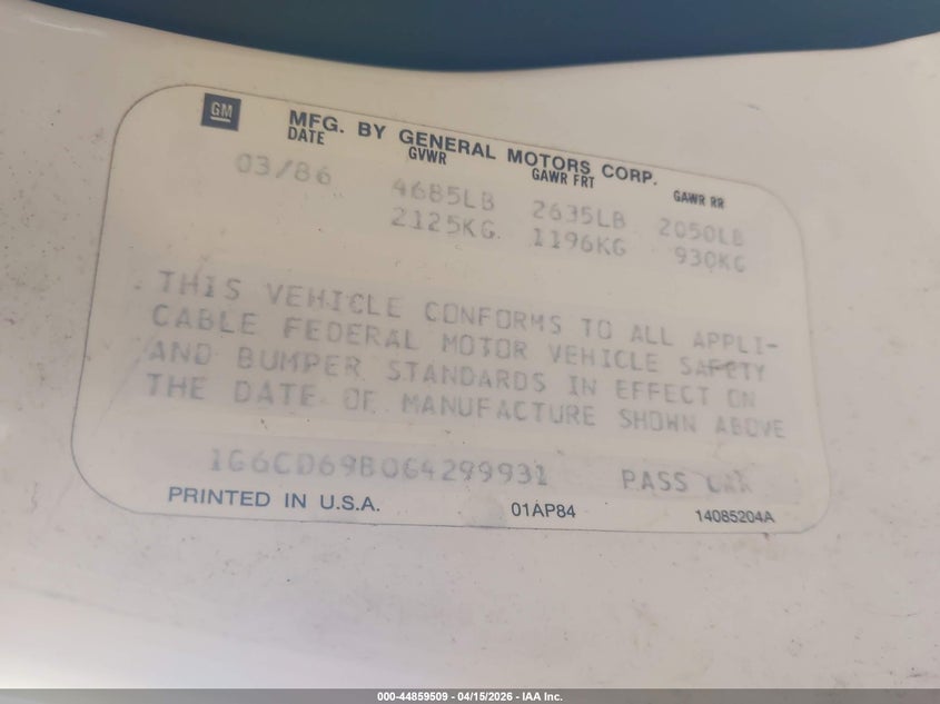 1986 Cadillac Deville Fleetwood VIN: 1G6CD6980G4299931 Lot: 44859509