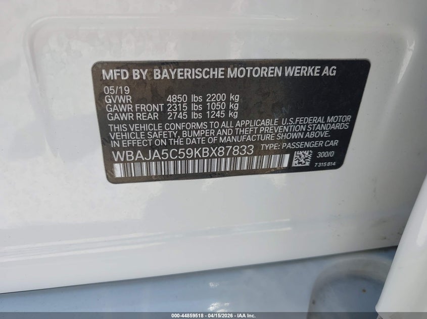 2019 BMW 530I VIN: WBAJA5C59KBX87833 Lot: 44859518