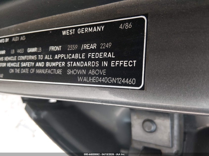 1986 Audi 5000 S Quattro VIN: WAUHE0440GN124460 Lot: 44859562