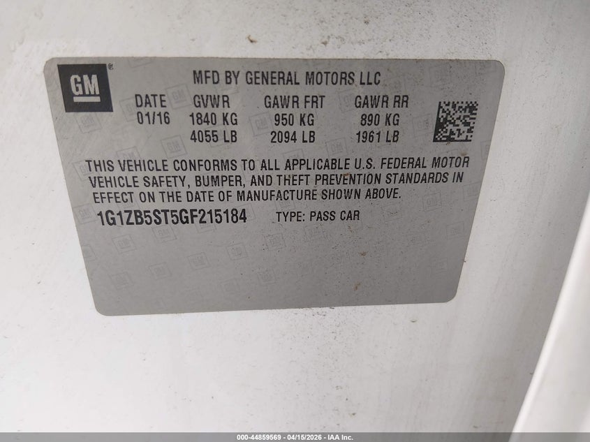 2016 Chevrolet Malibu Ls VIN: 1G1ZB5ST5GF215184 Lot: 44859569