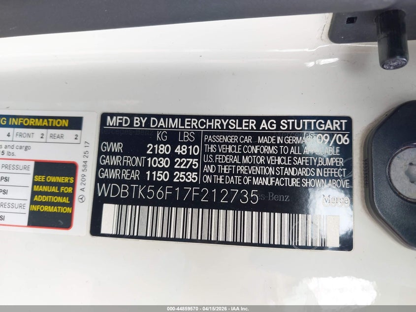 2007 Mercedes-Benz Clk 350 VIN: WDBTK56F17F212735 Lot: 44859570