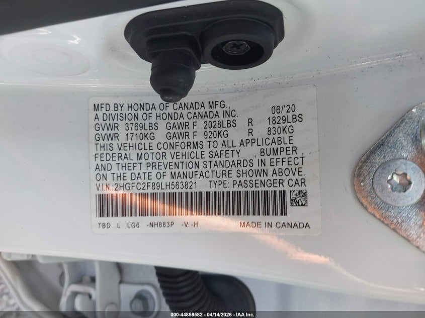 2020 Honda Civic 2.0 Sport white Lot 111044859582 Vin 2HGFC2F89LH563821