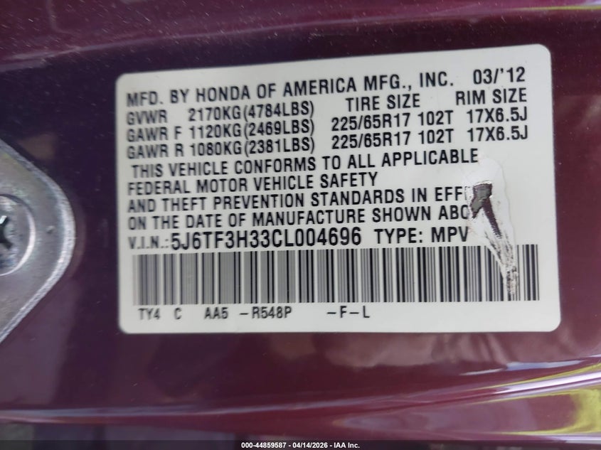 2012 Honda Crosstour 2.4 Ex VIN: 5J6TF3H33CL004696 Lot: 44859587