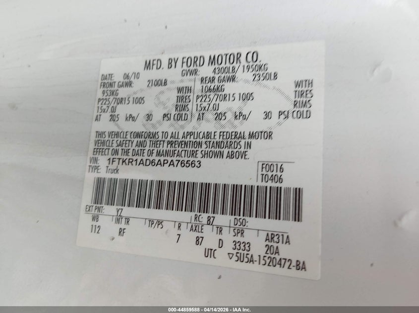 2010 Ford Ranger Xl/Xlt VIN: 1FTKR1AD6APA76563 Lot: 44859588