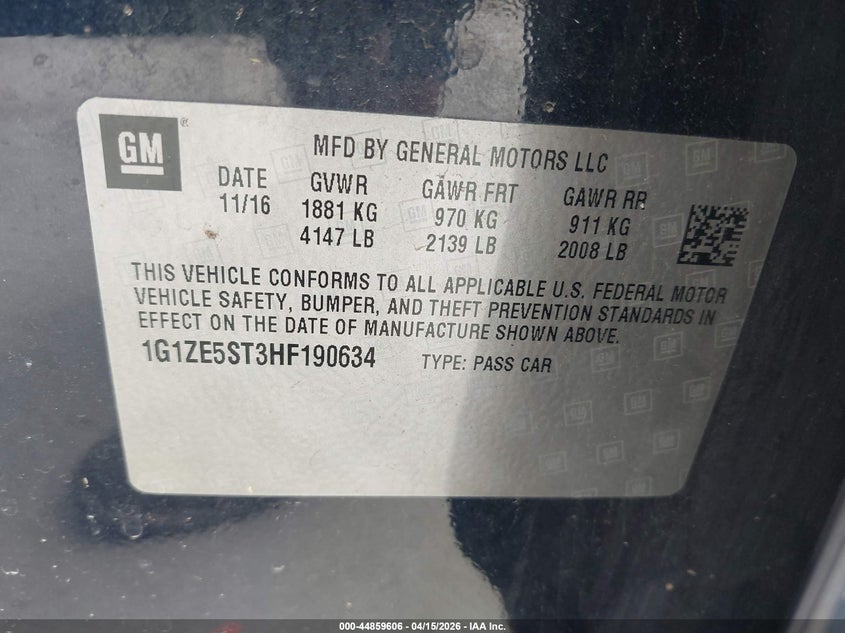 2017 Chevrolet Malibu 1Lt VIN: 1G1ZE5ST3HF190634 Lot: 44859606