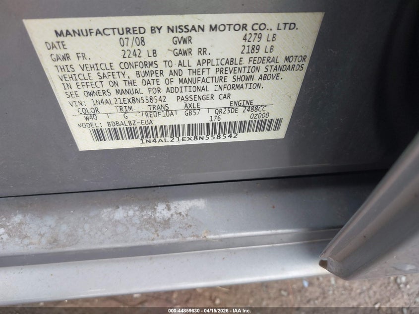 2008 Nissan Altima 2.5 S VIN: 1N4AL21EX8N558542 Lot: 44859630