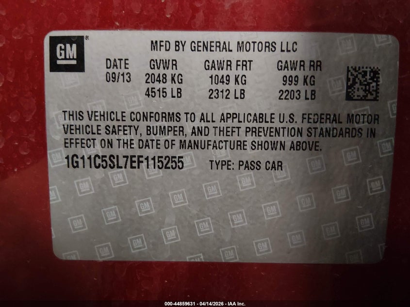 2014 Chevrolet Malibu 1Lt VIN: 1G11C5SL7EF115255 Lot: 44859631