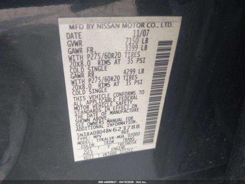 2008 Nissan Armada Le VIN: 5N1BA08D48N623788 Lot: 44859637