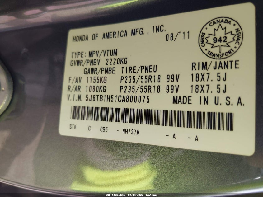 2012 Acura Rdx VIN: 5J8TB1H51CA800075 Lot: 44859646