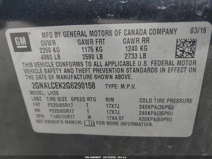 2016 Chevrolet Equinox Lt VIN: 2GNALCEK2G6290158 Lot: 44859657