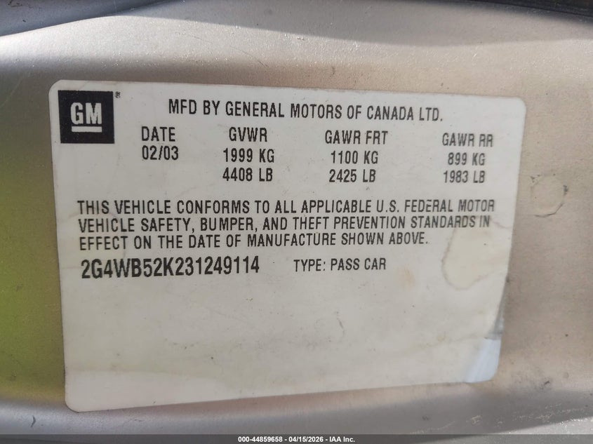 2003 Buick Regal Ls VIN: 2G4WB52K231249114 Lot: 44859658