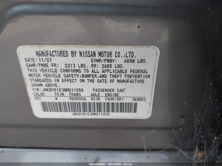 2008 Infiniti G35 Journey VIN: JNKBV61E38M211056 Lot: 44859667