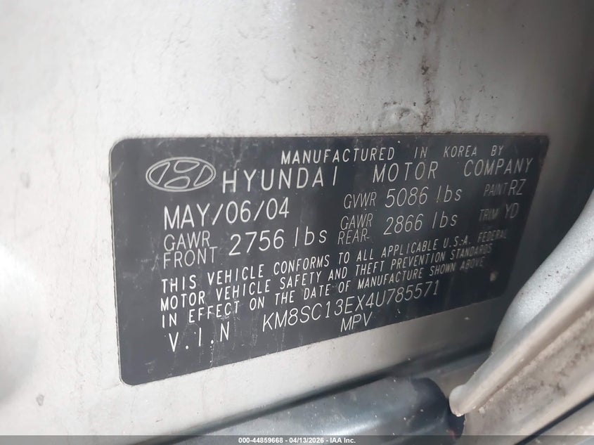 2004 Hyundai Santa Fe Gls/Lx VIN: KM8SC13EX4U785571 Lot: 44859668