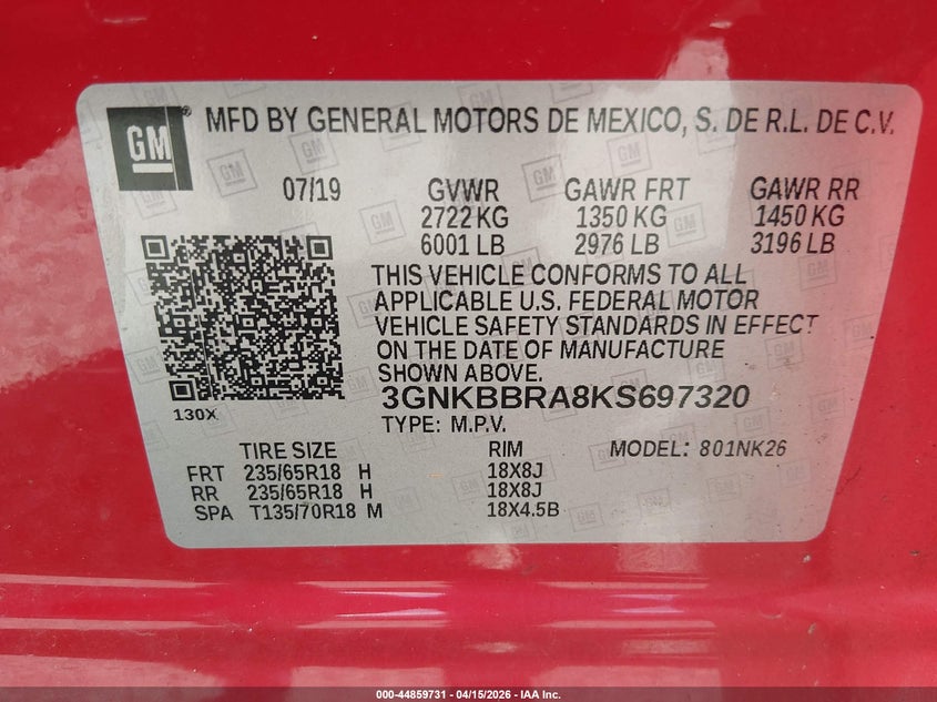 2019 Chevrolet Blazer VIN: 3GNKBBRA8KS697320 Lot: 44859731