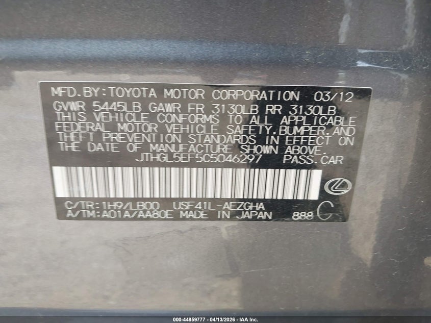 2012 Lexus Ls 460 L VIN: JTHGL5EF5C5046297 Lot: 44859777