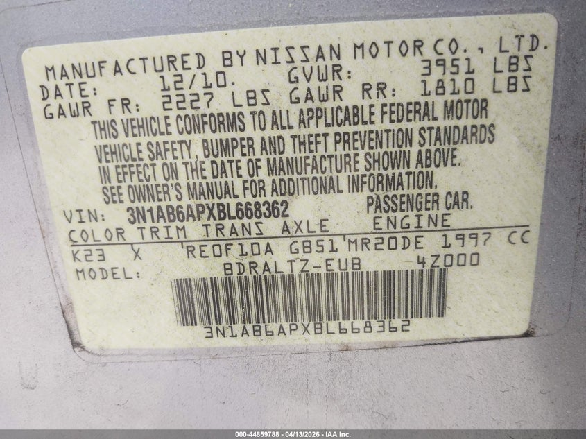 2011 Nissan Sentra 2.0S VIN: 3N1AB6APXBL668362 Lot: 44859788