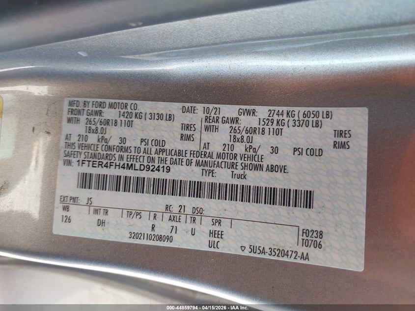 2021 Ford Ranger Lariat VIN: 1FTER4FH4MLD92419 Lot: 44859794