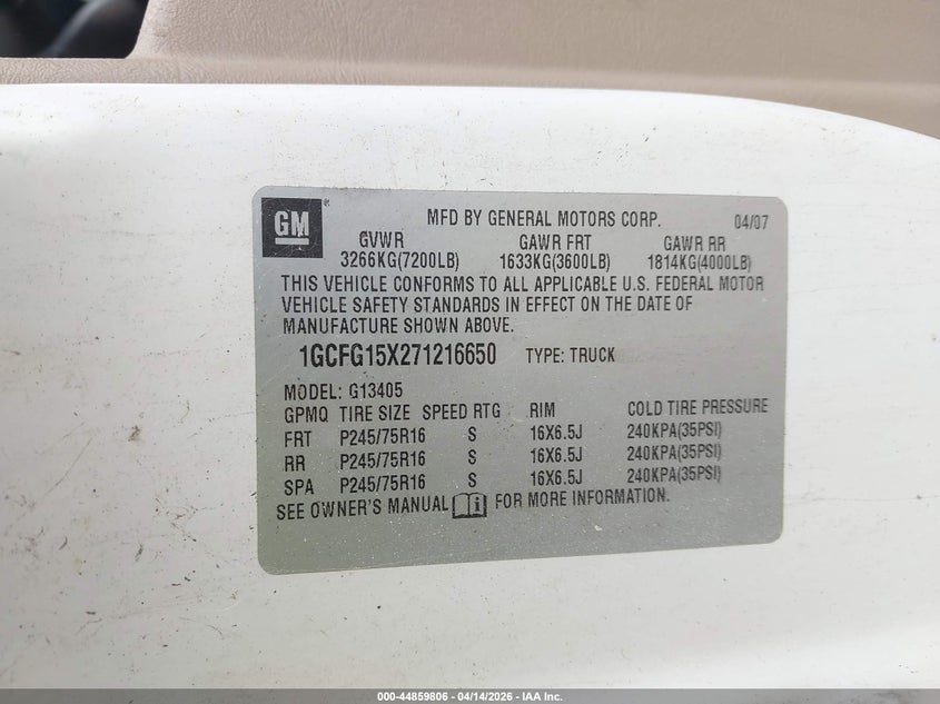 2007 Chevrolet Express Work Van VIN: 1GCFG15X271216650 Lot: 44859806