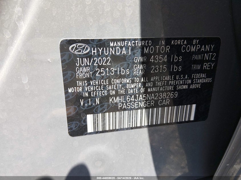 2022 Hyundai Sonata Sel VIN: KMHL64JA5NA238269 Lot: 44859820