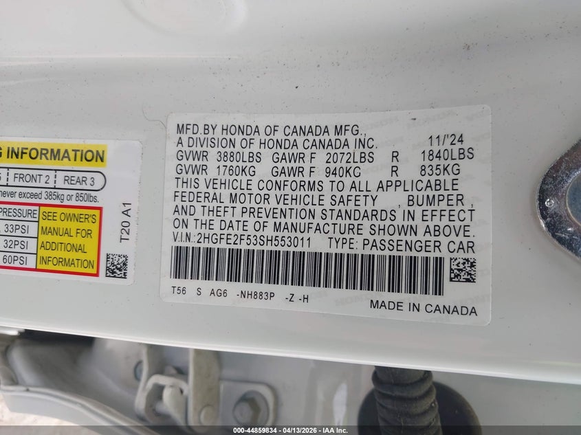 VIN 2HGFE2F53SH553011 2025 HONDA CIVIC SPORT