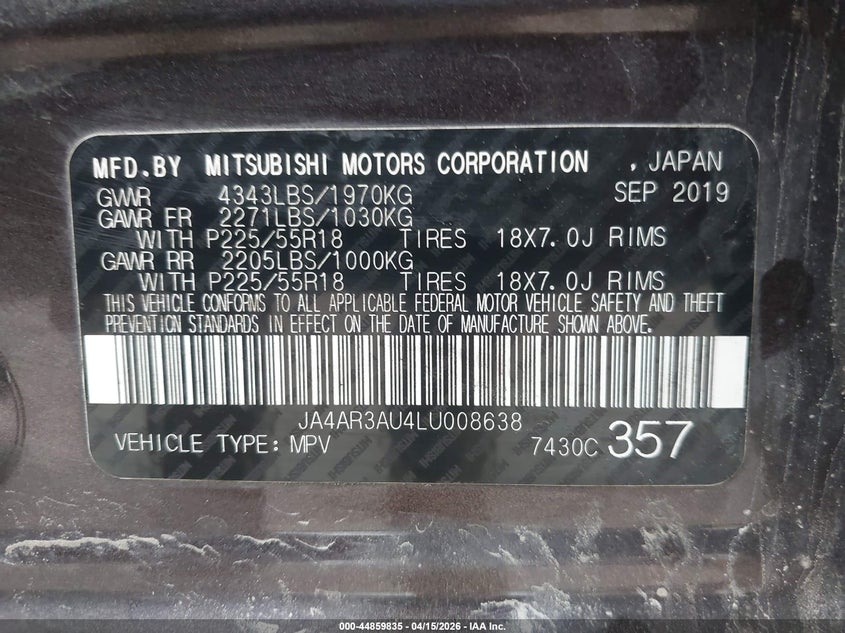 2020 Mitsubishi Outlander Sport 2.0 Es Awc VIN: JA4AR3AU4LU008638 Lot: 44859835