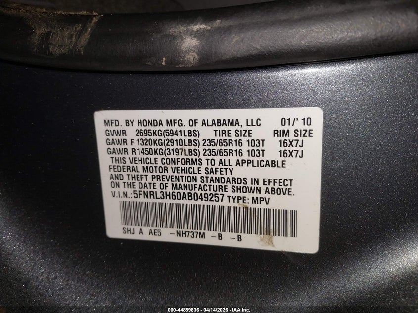2010 Honda Odyssey Ex-L VIN: 5FNRL3H60AB049257 Lot: 44859836