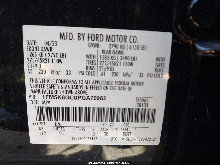 2023 Ford Explorer St VIN: 1FM5K8GC0PGA70982 Lot: 44859838