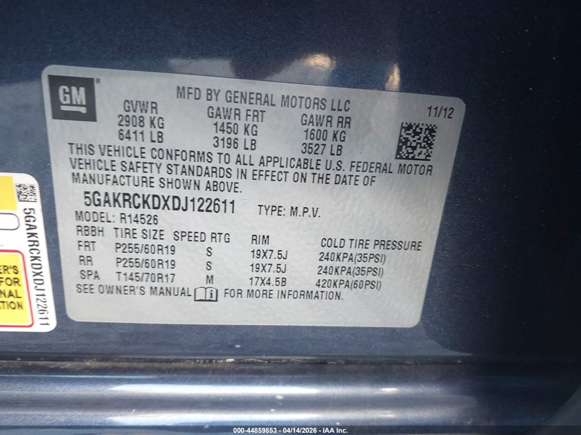 2013 Buick Enclave Leather VIN: 5GAKRCKDXDJ122611 Lot: 44859853