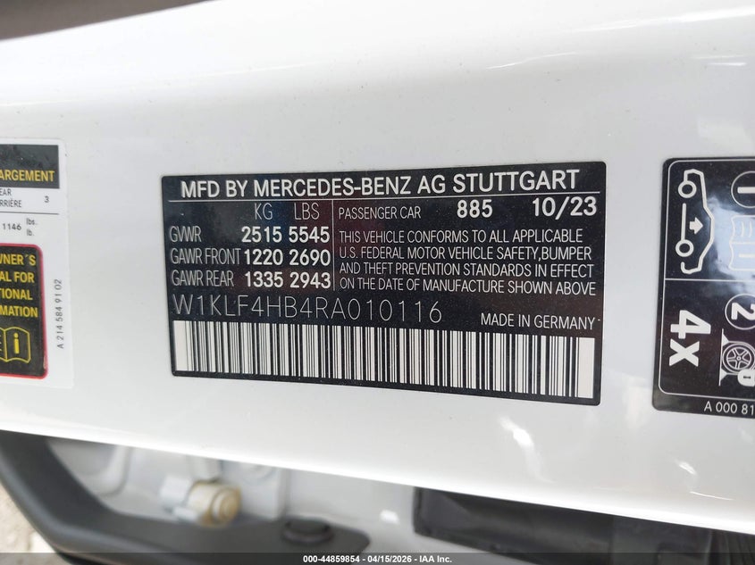 2024 Mercedes-Benz E 350 VIN: W1KLF4HB4RA010116 Lot: 44859854