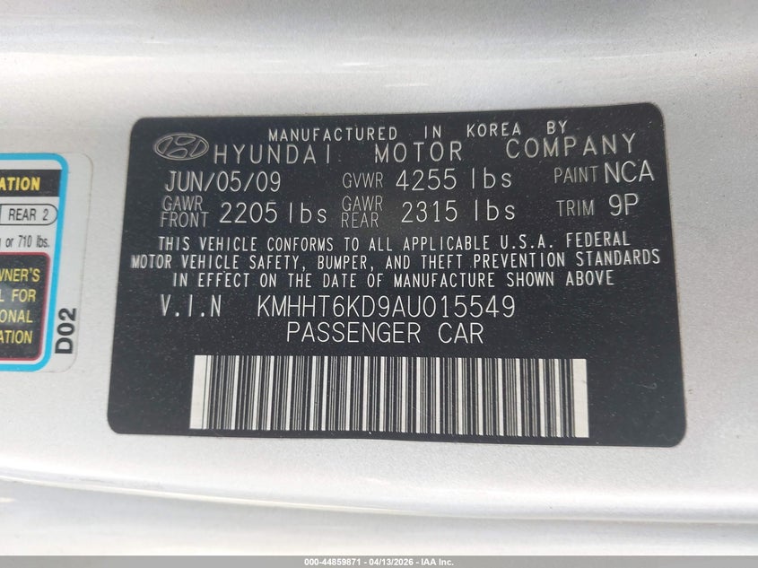 2010 Hyundai Genesis 2.0T VIN: KMHHT6KD9AU015549 Lot: 44859871
