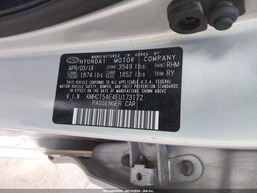 2014 Hyundai Accent 1.6 Gs silver Lot 111044859894 Vin KMHCT5AE4EU173172