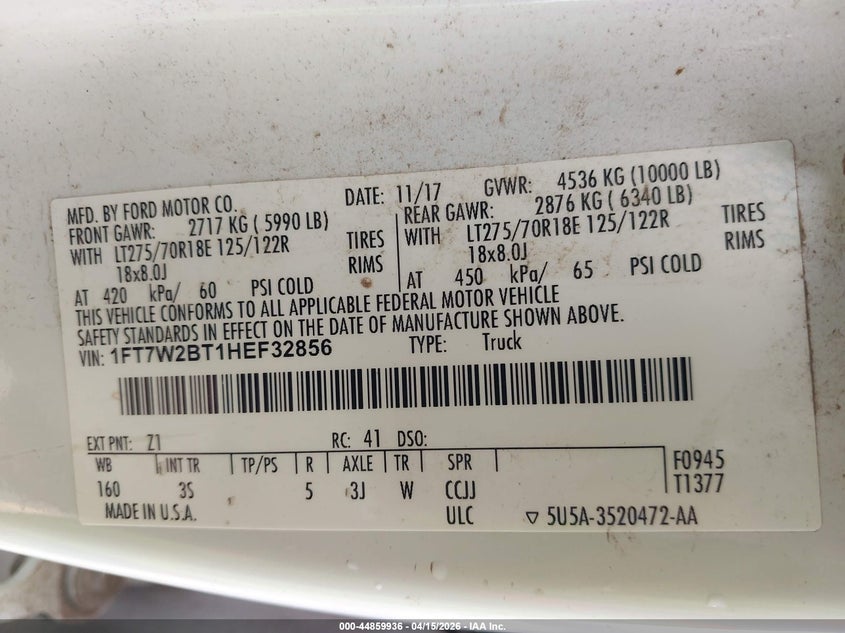 2017 Ford F-250 Xlt VIN: 1FT7W2BT1HEF32856 Lot: 44859936