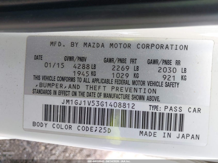 2016 Mazda Mazda6 I Touring VIN: JM1GJ1V53G1408812 Lot: 44859940