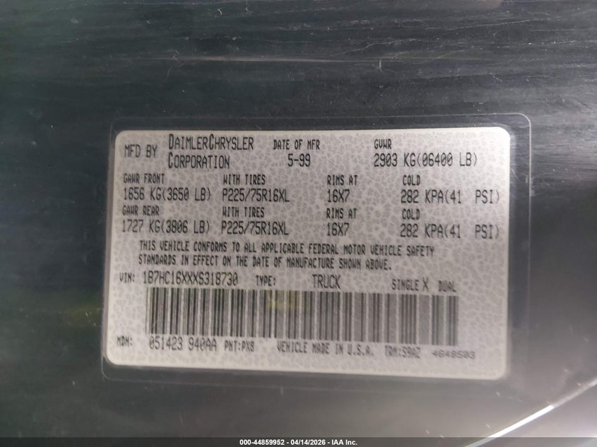 1999 Dodge Ram 1500 St/Ws VIN: 1B7HC16XXXS318730 Lot: 44859952