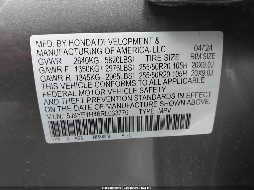 2024 Acura Mdx Technology Package VIN: 5J8YE1H46RL033776 Lot: 44859959