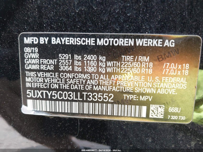 2020 BMW X3 xDrive30I VIN: 5UXTY5C03LLT33552 Lot: 44859977
