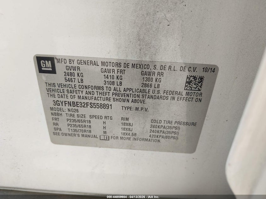 2015 Cadillac Srx Luxury Collection VIN: 3GYFNBE32FS558891 Lot: 44859984