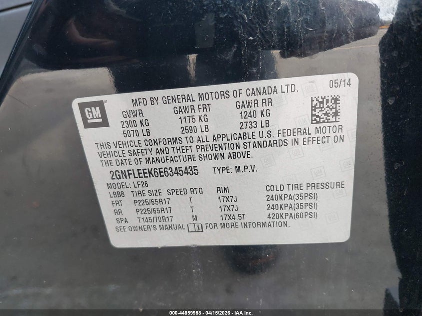 2014 Chevrolet Equinox Ls VIN: 2GNFLEEK6E6345435 Lot: 44859988