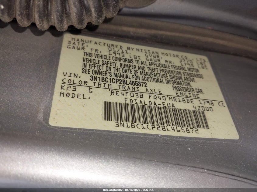 2011 Nissan Versa 1.8S VIN: 3N1BC1CP2BL465872 Lot: 44860002