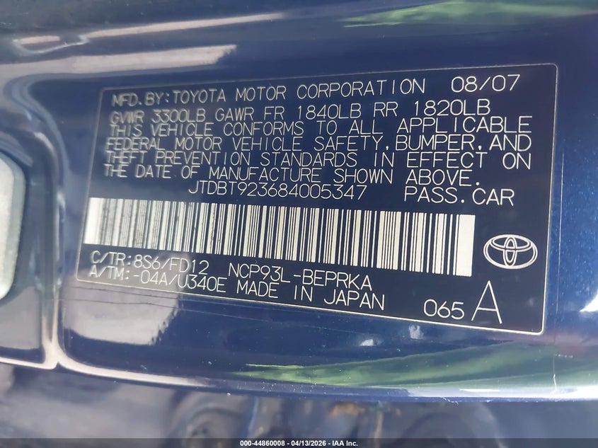 2008 Toyota Yaris VIN: JTDBT923684005347 Lot: 44860008