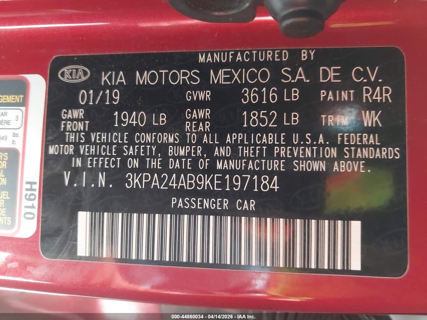 2019 Kia Rio S VIN: 3KPA24AB9KE197184 Lot: 44860034