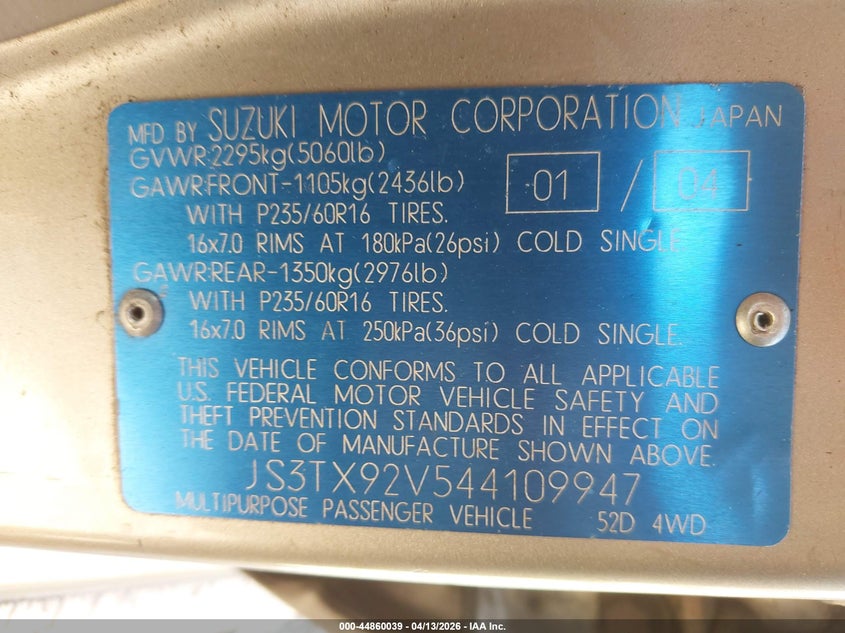 2004 Suzuki Xl-7 Ex/Lx VIN: JS3TX92V544109947 Lot: 44860039